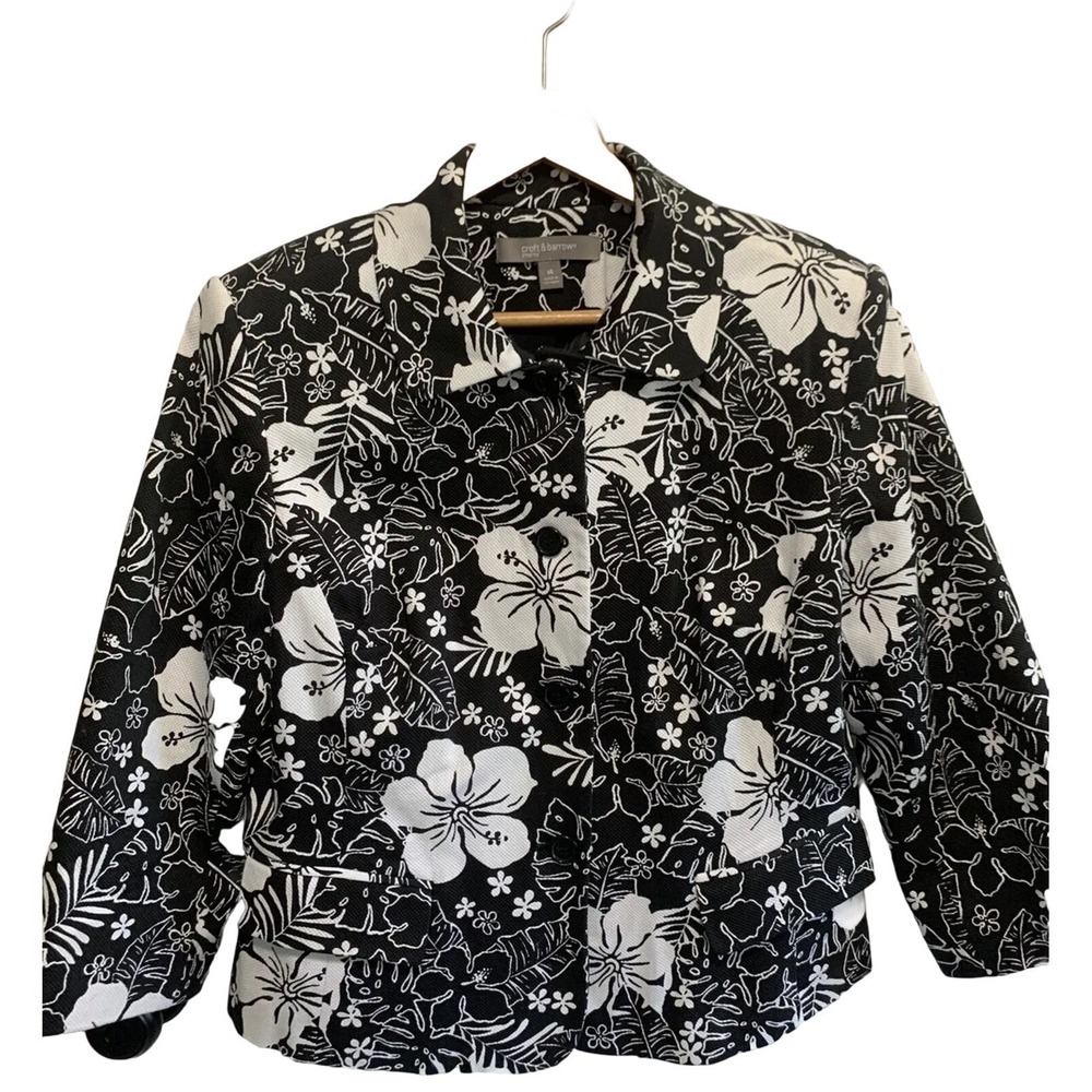 Croft & Barrow Blazer 14 Black White Tropical Office Floral Button Jacket